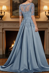 Dreamyannie Dusty Blue V Neck A Line Floor Length Mother Of The Bride Dress With Lace