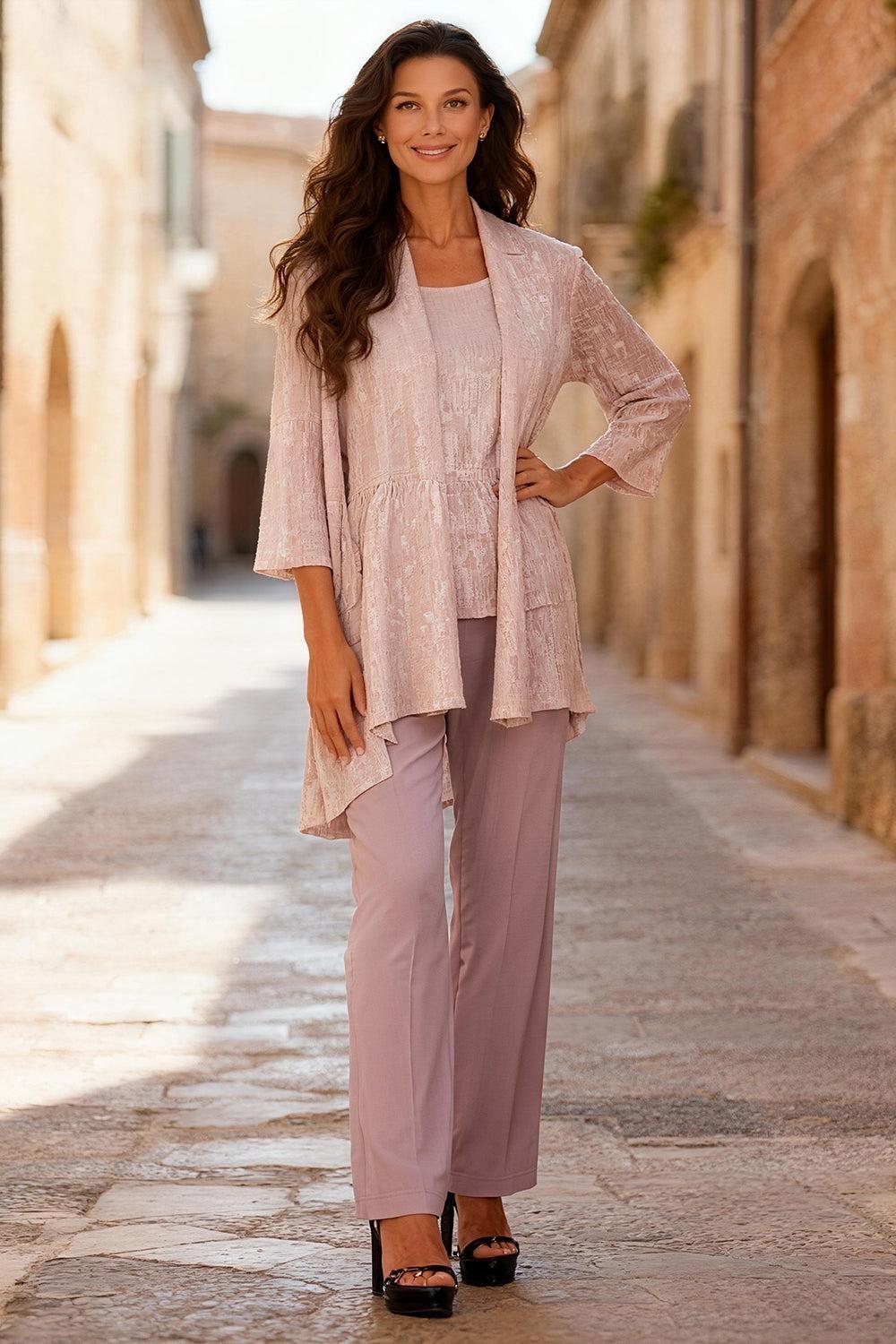 Dreamyannie Dusty Rose 3/4 Sleeves 3 Piece Mother Of The Bride Pant Suits With Jacket