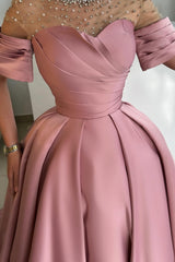Dreamyannie Dusty Rose A Line Satin Rhinestones Evening Dress With Short Sleeves