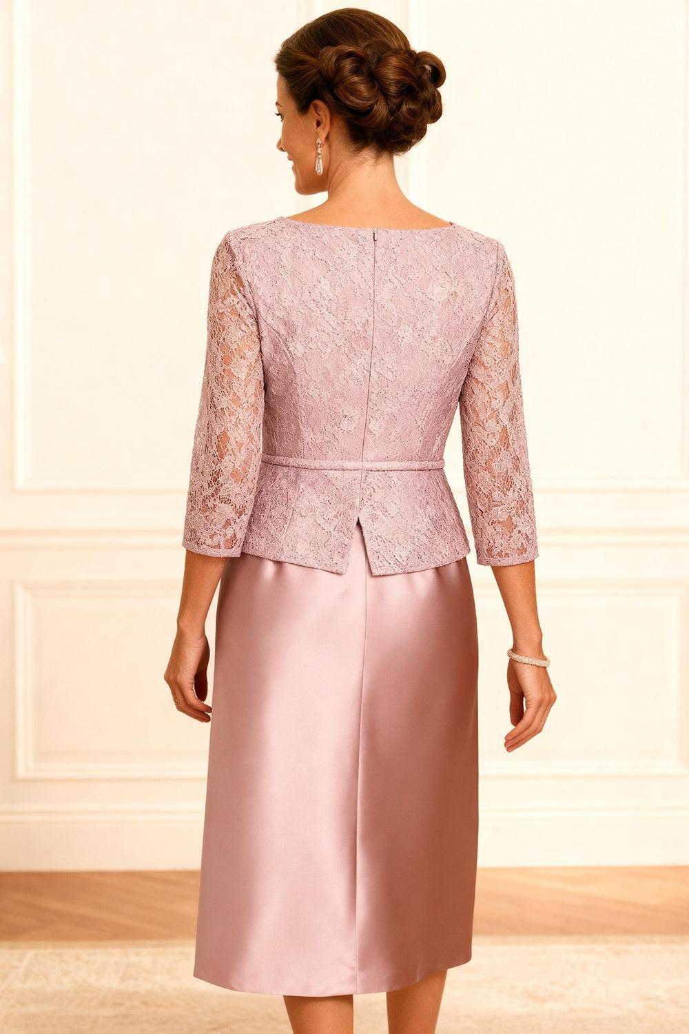 Dreamyannie Dusty Rose Bodycon Satin Knee Length Mother Of The Bride Dress With Lace