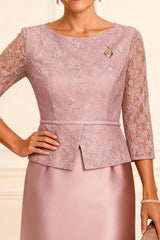 Dreamyannie Dusty Rose Bodycon Satin Knee Length Mother Of The Bride Dress With Lace