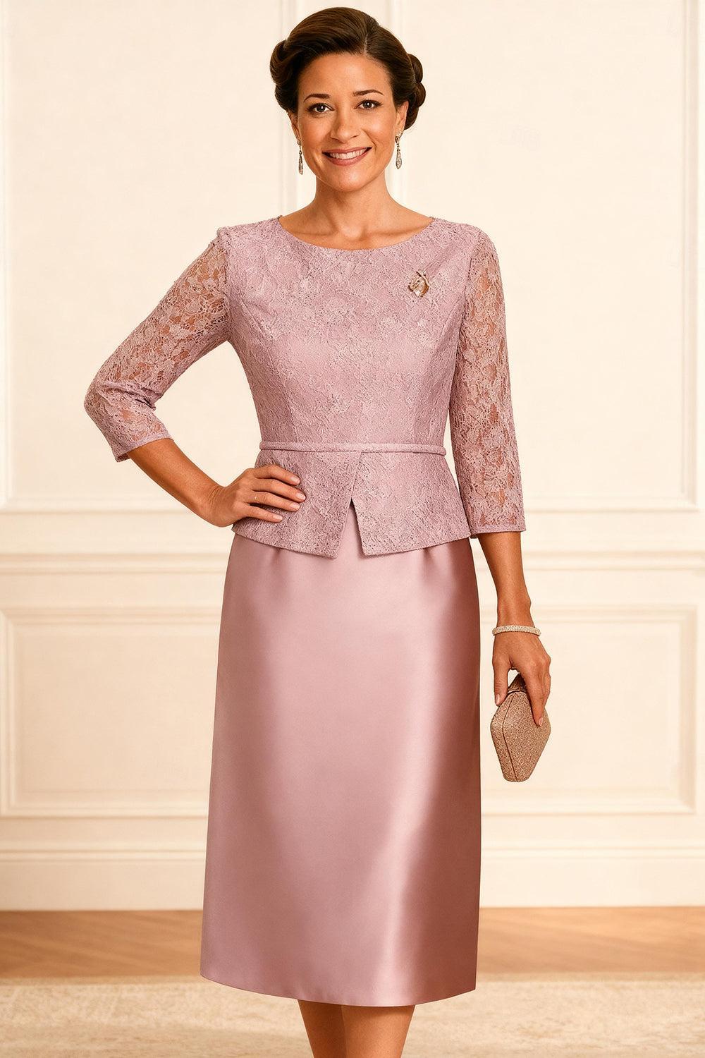 Dreamyannie Dusty Rose Bodycon Satin Knee Length Mother Of The Bride Dress With Lace