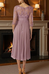 Dreamyannie Dusty Rose Chiffon A Line Boat Neck Pleated Tea Length Mother Of The Bride Dress