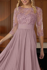 Dreamyannie Dusty Rose Chiffon A Line Boat Neck Pleated Tea Length Mother Of The Bride Dress