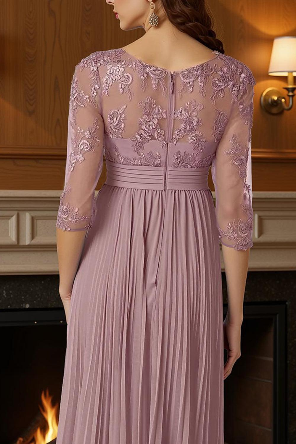 Dreamyannie Dusty Rose Chiffon A Line Boat Neck Pleated Tea Length Mother Of The Bride Dress