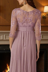Dreamyannie Dusty Rose Chiffon A Line Boat Neck Pleated Tea Length Mother Of The Bride Dress