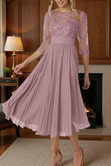 Dreamyannie Dusty Rose Chiffon A Line Boat Neck Pleated Tea Length Mother Of The Bride Dress