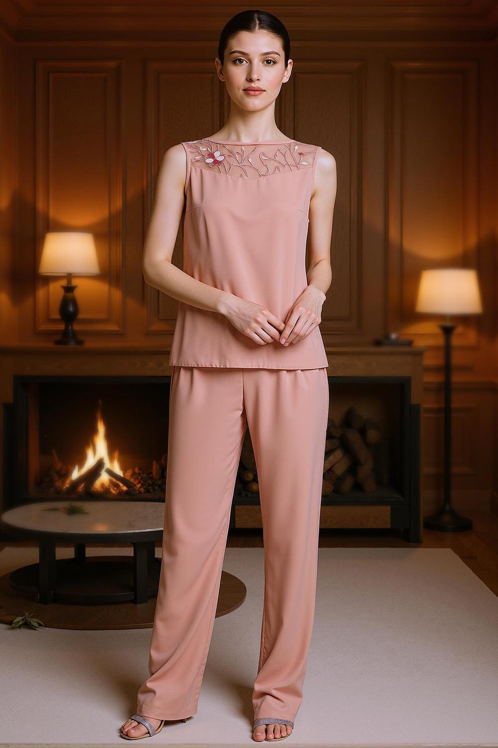 Dreamyannie Dusty Rose Floral Bateau Neck Chiffon 3 Piece Mother Of The Bride Pant Suits