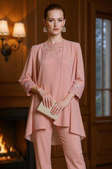 Dreamyannie Dusty Rose Floral Bateau Neck Chiffon 3 Piece Mother Of The Bride Pant Suits