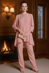 Dreamyannie Dusty Rose Floral Bateau Neck Chiffon 3 Piece Mother Of The Bride Pant Suits