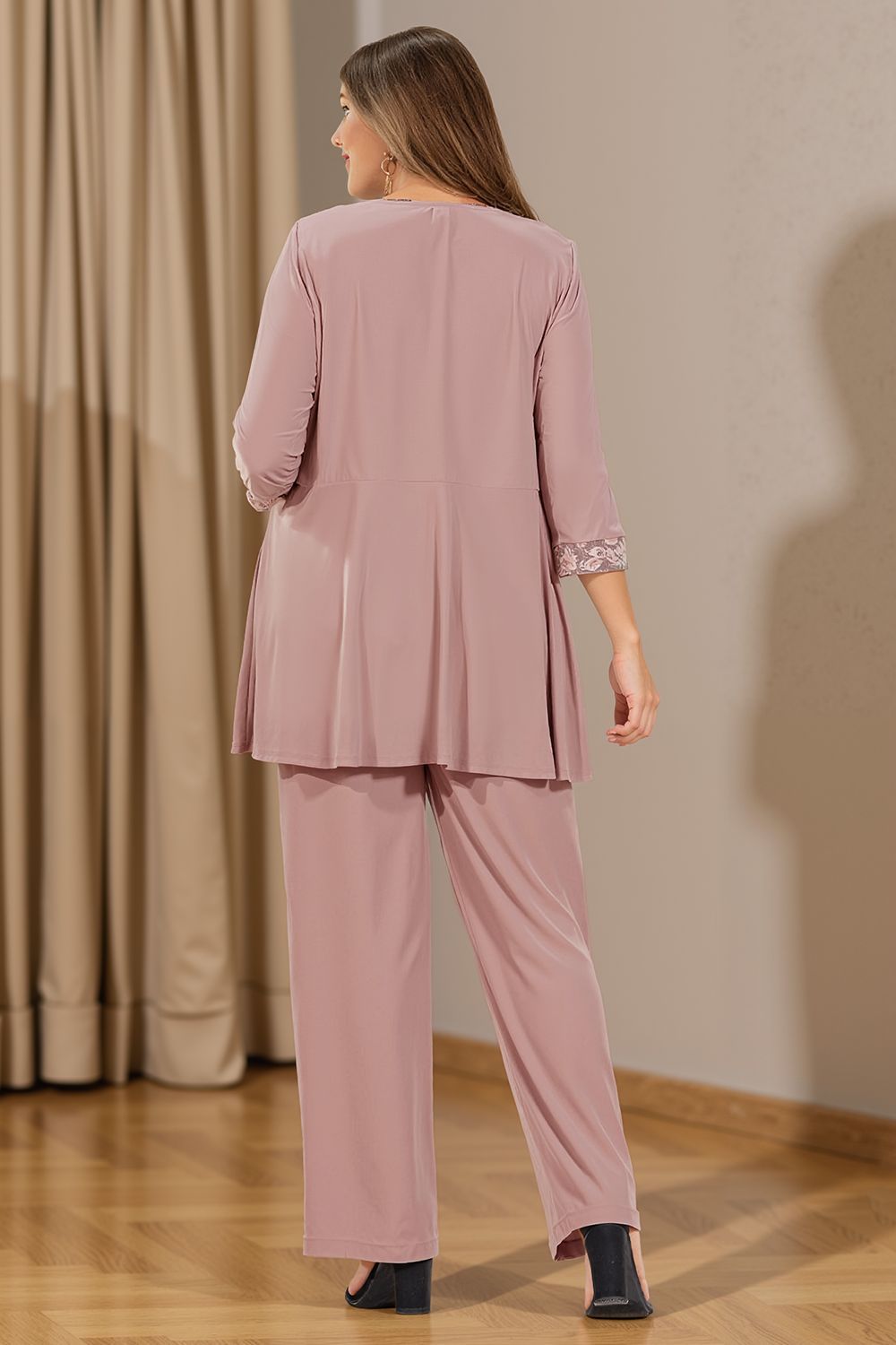 Dreamyannie Dusty Rose Floral Chiffon 3 Piece Mother Of The Bride Pant Suits With Jacket