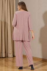 Dreamyannie Dusty Rose Floral Chiffon 3 Piece Mother Of The Bride Pant Suits With Jacket