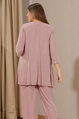 Dreamyannie Dusty Rose Floral Chiffon 3 Piece Mother Of The Bride Pant Suits With Jacket