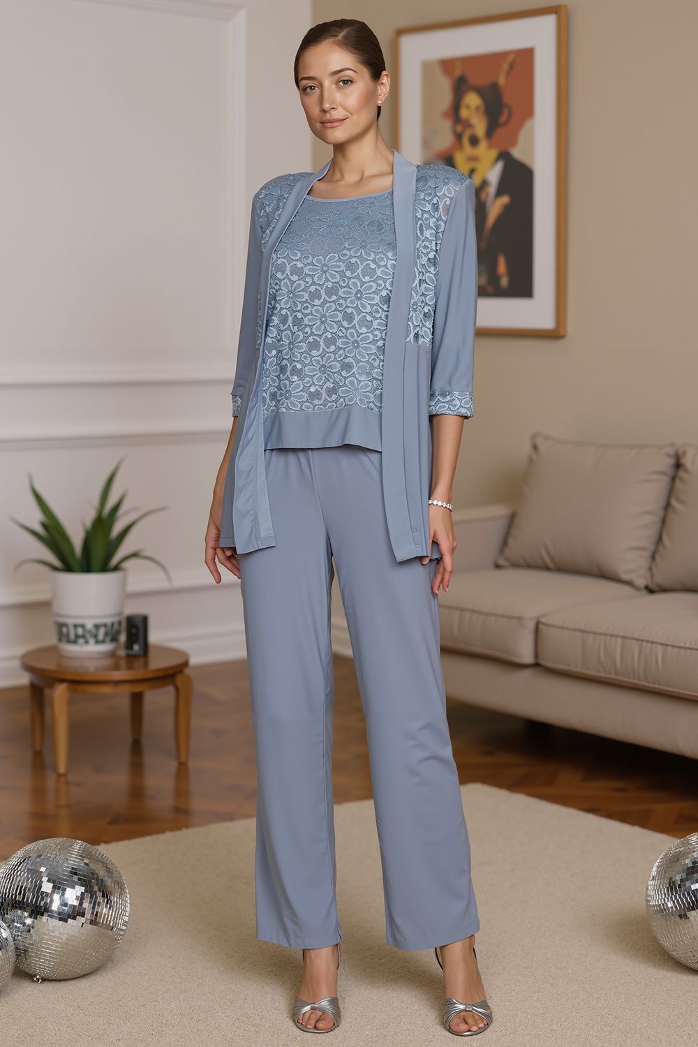 Dreamyannie Dusty Rose Floral Chiffon 3 Piece Mother Of The Bride Pant Suits With Jacket