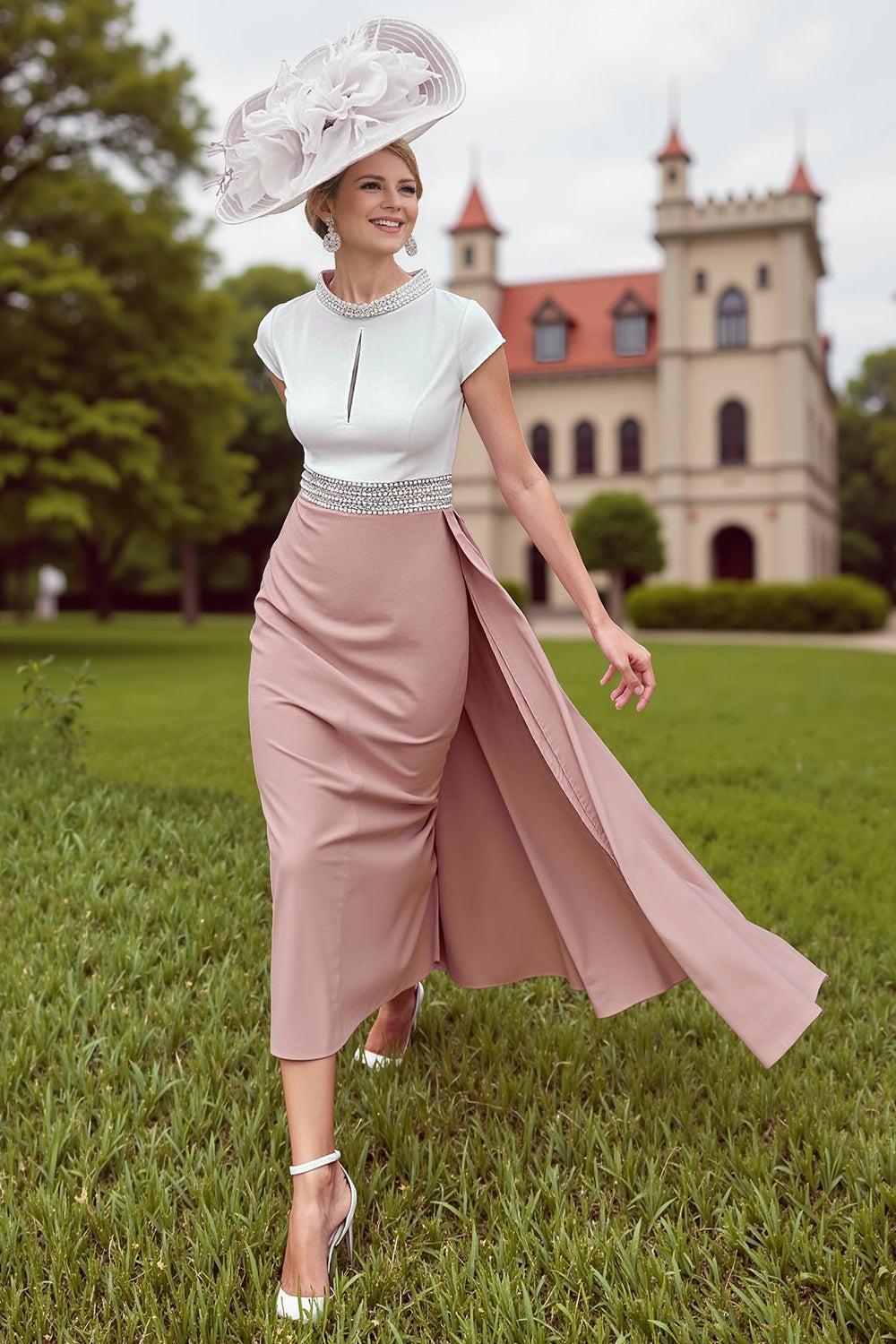 Dreamyannie Dusty Rose Mermaid Beaded Tea Length Mother Of The Bride Dress With Cape