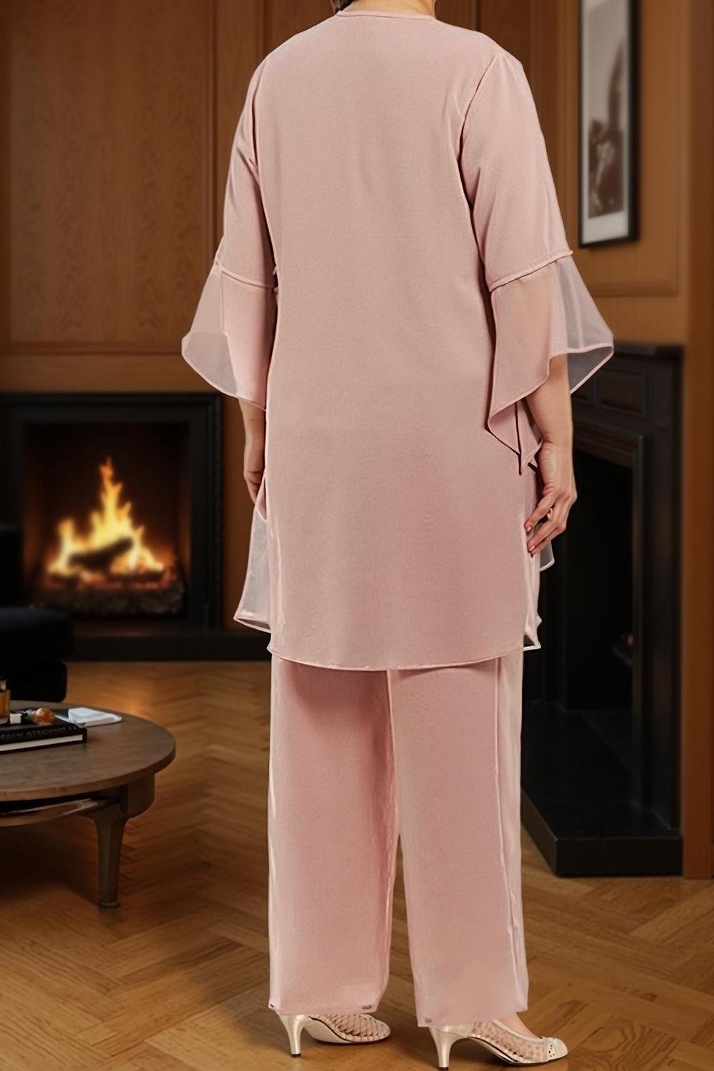 Dreamyannie Dusty Rose Round Neck Chiffon 3 Piece Mother Of The Bride Pant Suits With Lace