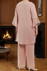 Dreamyannie Dusty Rose Round Neck Chiffon 3 Piece Mother Of The Bride Pant Suits With Lace
