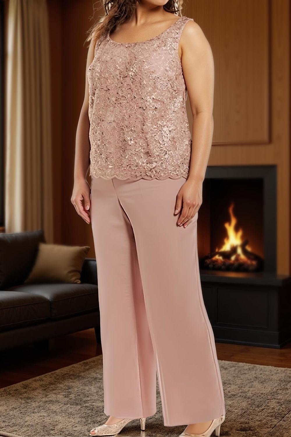 Dreamyannie Dusty Rose Round Neck Chiffon 3 Piece Mother Of The Bride Pant Suits With Lace