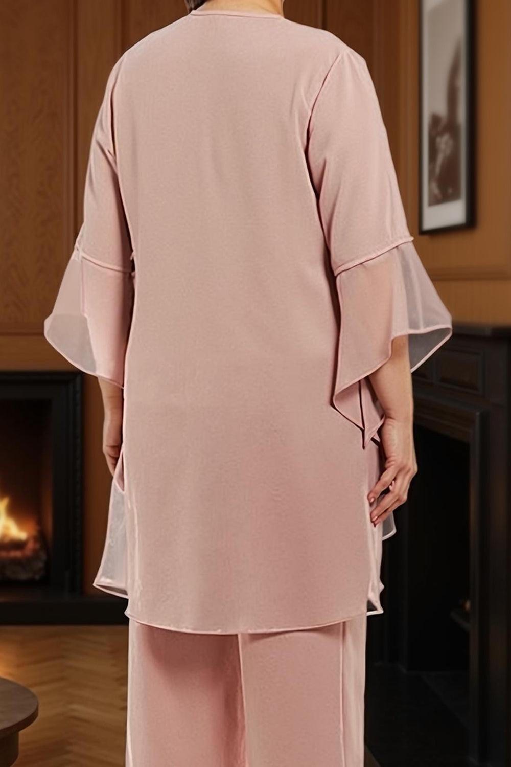 Dreamyannie Dusty Rose Round Neck Chiffon 3 Piece Mother Of The Bride Pant Suits With Lace