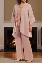 Dreamyannie Dusty Rose Round Neck Chiffon 3 Piece Mother Of The Bride Pant Suits With Lace