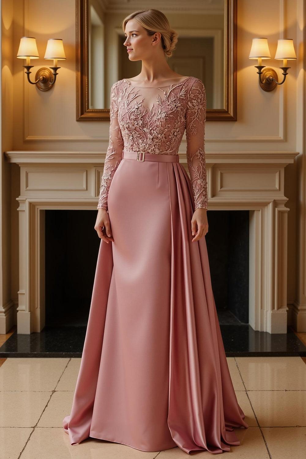 Dreamyannie Dusty Rose Sheath Satin Floor Length Mother Of The Bride Dress With Cape