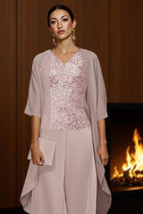 Dreamyannie Dusty Rose V Neck Chiffon 3 Piece Mother Of The Bride Pant Suits With Jacket