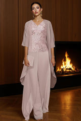 Dreamyannie Dusty Rose V Neck Chiffon 3 Piece Mother Of The Bride Pant Suits With Jacket