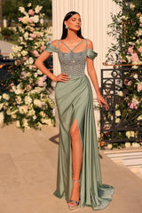 Dreamyannie Dusty Sage Prom Dress Spaghetti Straps Lace Beading Formal Dress With Slit