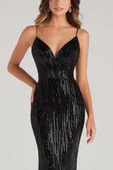 Dreamyannie Elegant Black Wedding Guest Dress Mermaid Spaghetti Straps Formal Dress