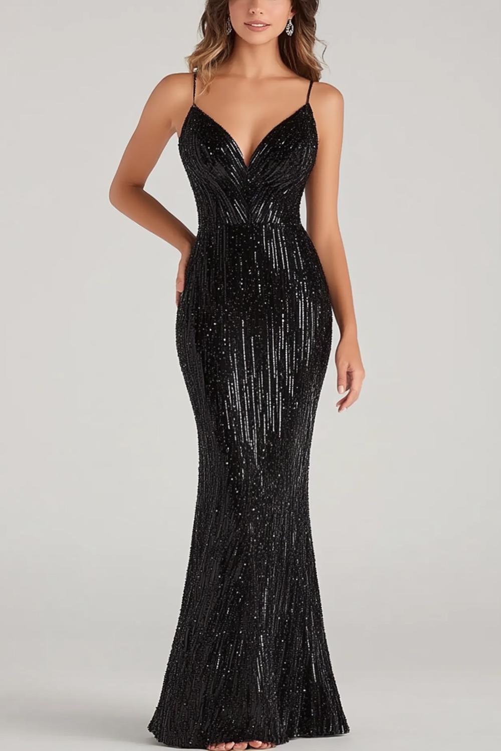 Dreamyannie Elegant Black Wedding Guest Dress Mermaid Spaghetti Straps Formal Dress
