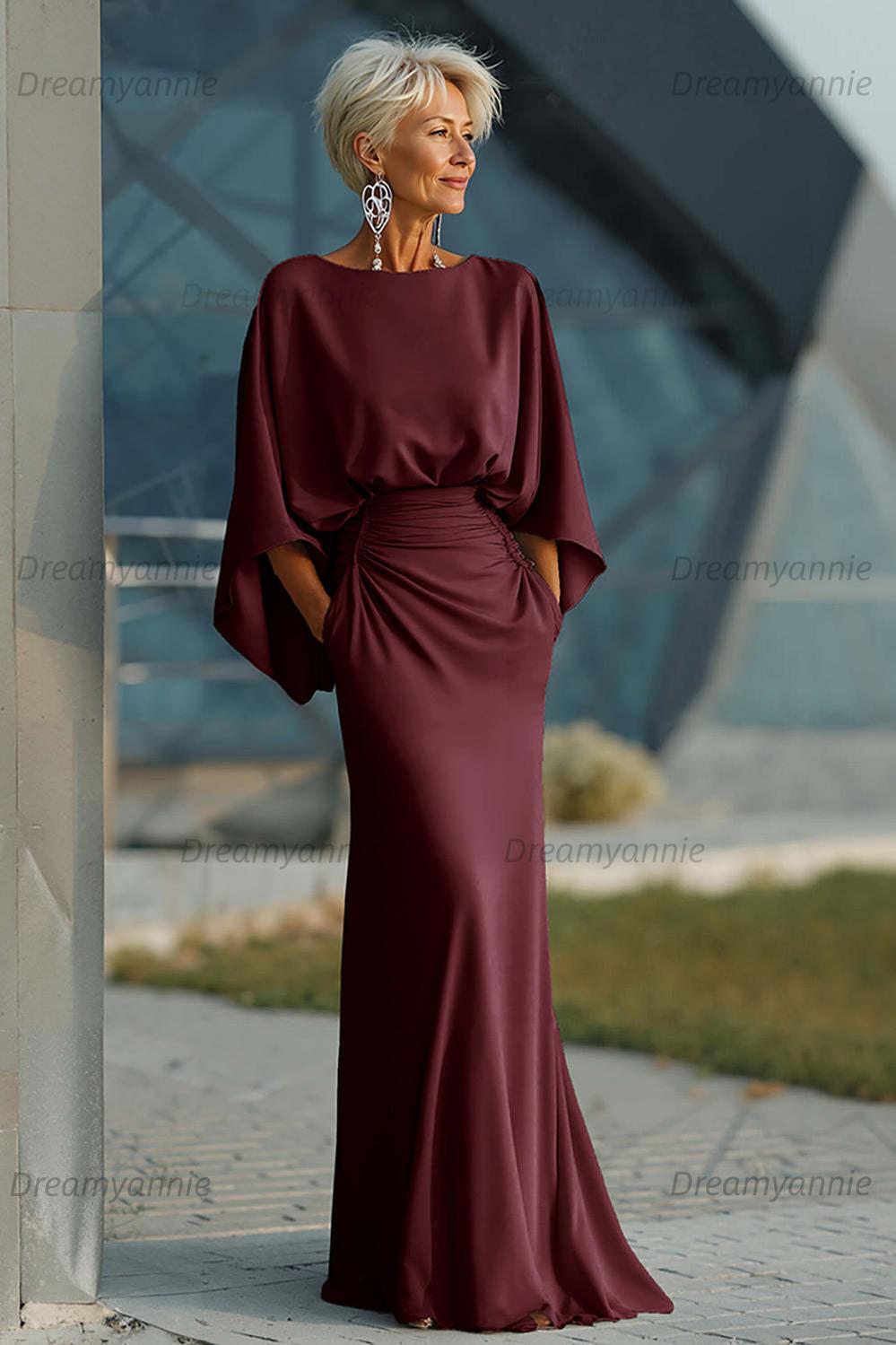 Dreamyannie Elegant Navy Satin Mermaid Backless Long Mother Of The Bride Dress With Pockets