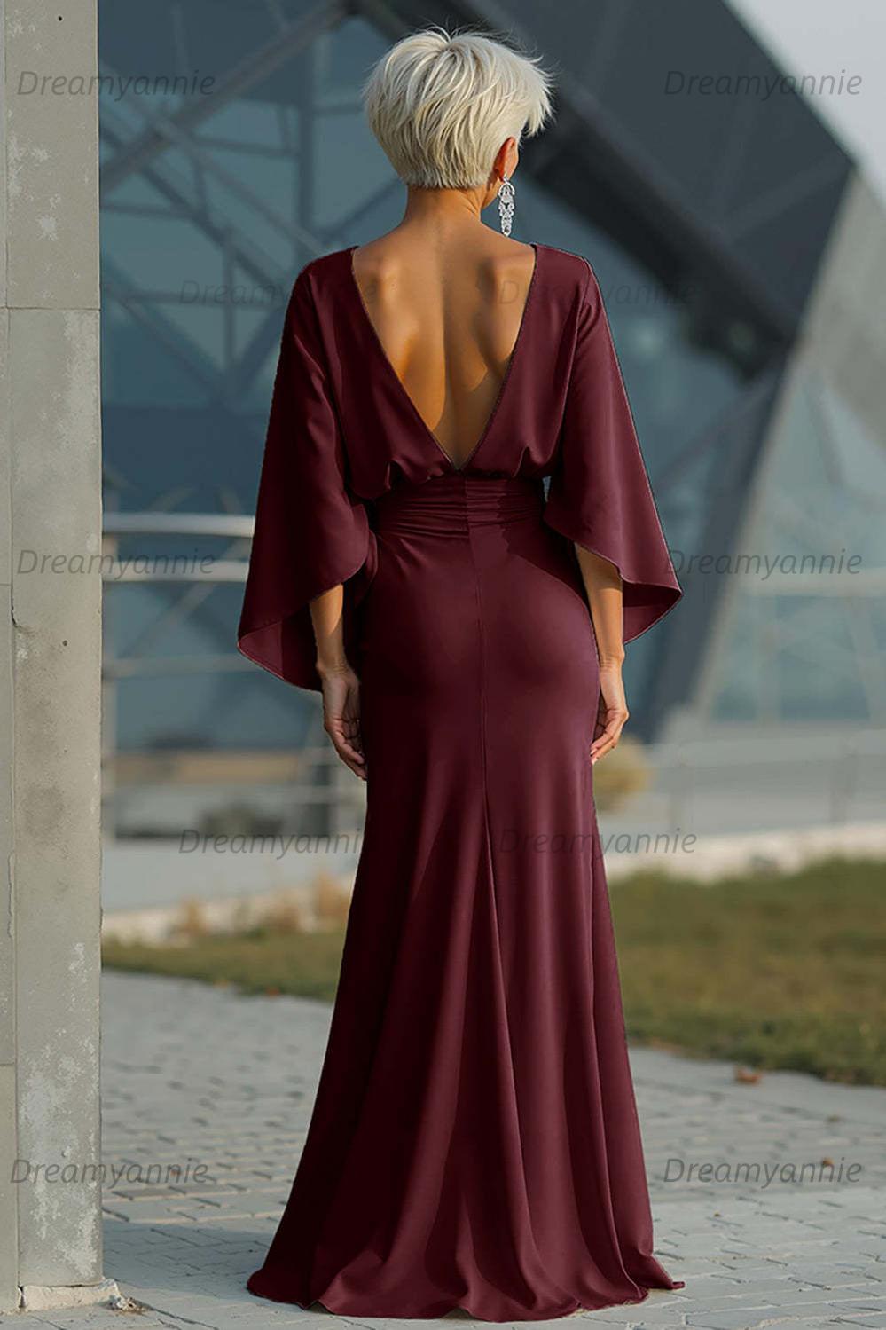 Dreamyannie Elegant Navy Satin Mermaid Backless Long Mother Of The Bride Dress With Pockets