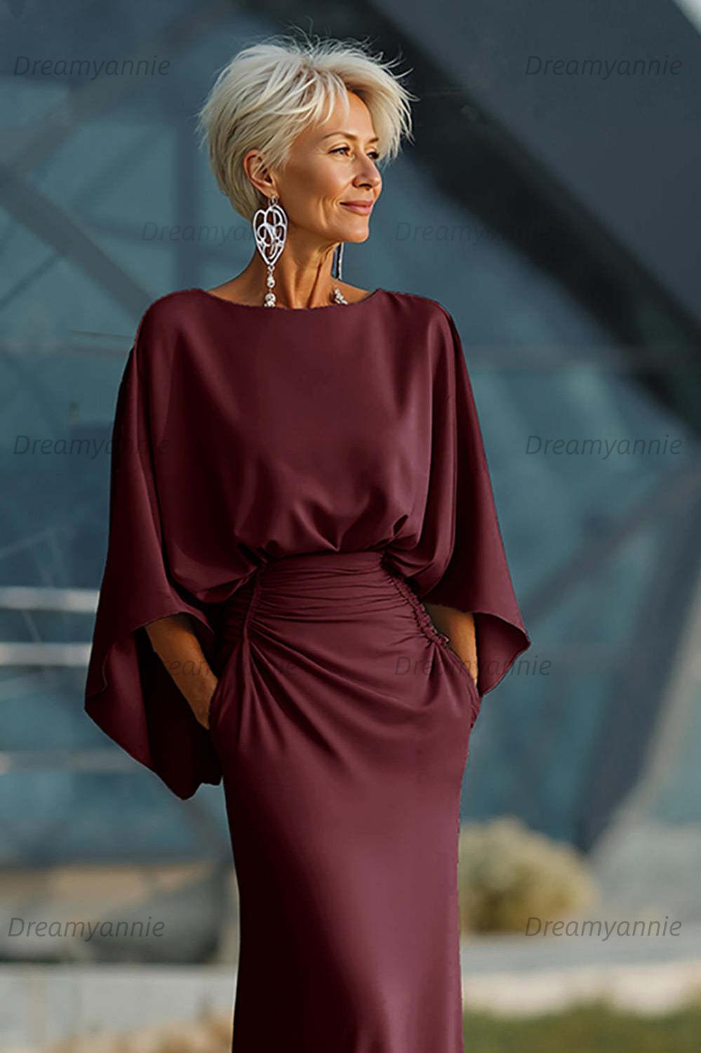 Dreamyannie Elegant Navy Satin Mermaid Backless Long Mother Of The Bride Dress With Pockets