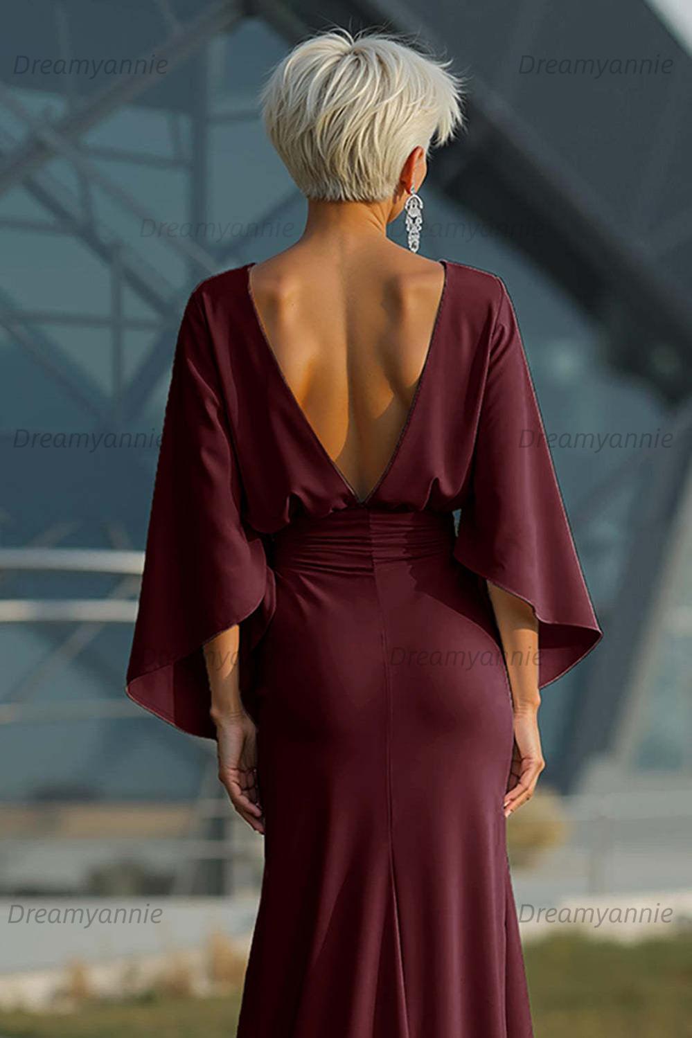 Dreamyannie Elegant Navy Satin Mermaid Backless Long Mother Of The Bride Dress With Pockets