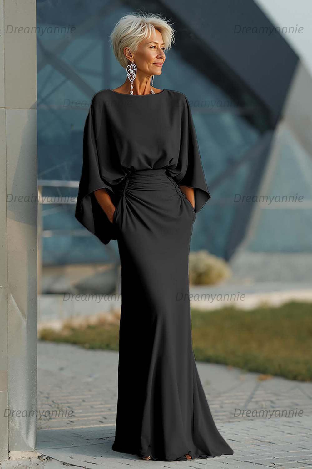 Dreamyannie Elegant Navy Satin Mermaid Backless Long Mother Of The Bride Dress With Pockets