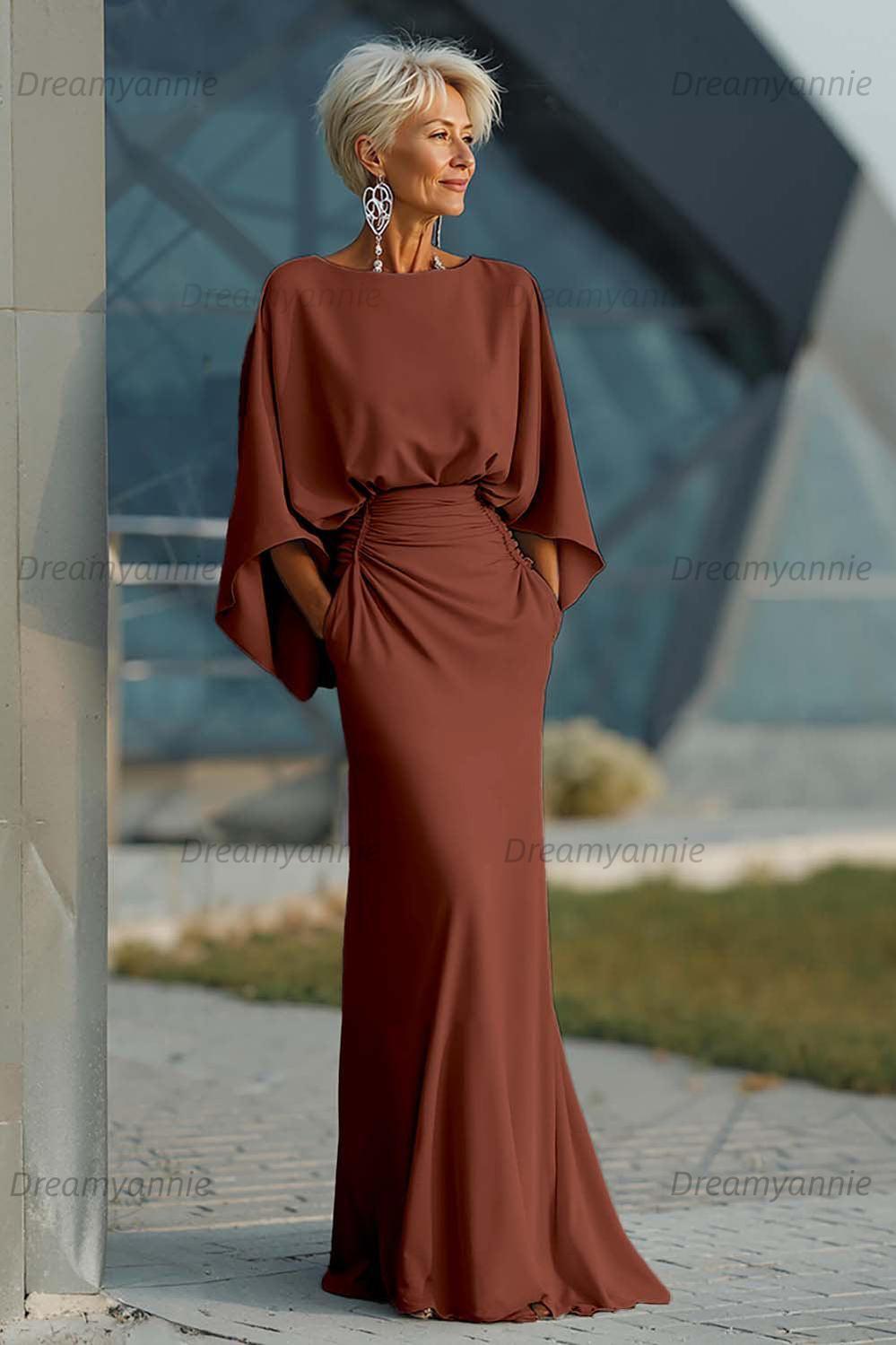 Dreamyannie Elegant Navy Satin Mermaid Backless Long Mother Of The Bride Dress With Pockets