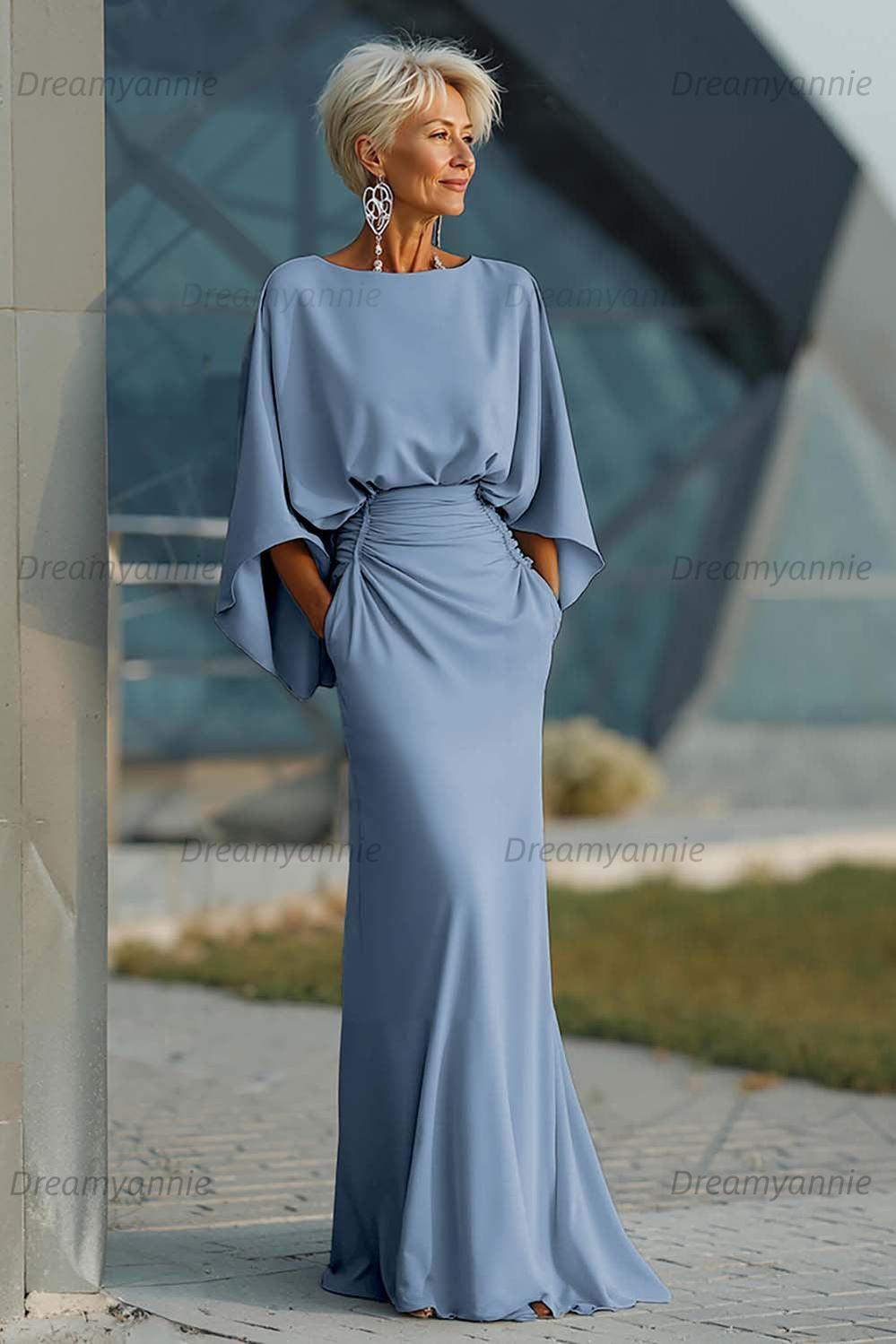 Dreamyannie Elegant Navy Satin Mermaid Backless Long Mother Of The Bride Dress With Pockets