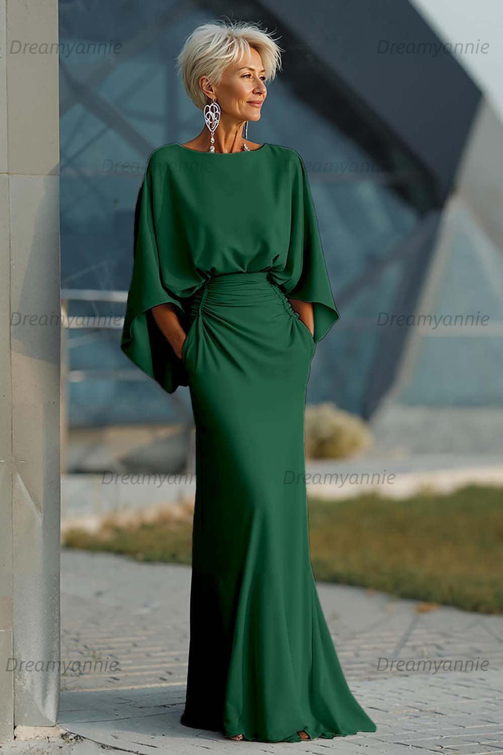 Dreamyannie Elegant Navy Satin Mermaid Backless Long Mother Of The Bride Dress With Pockets