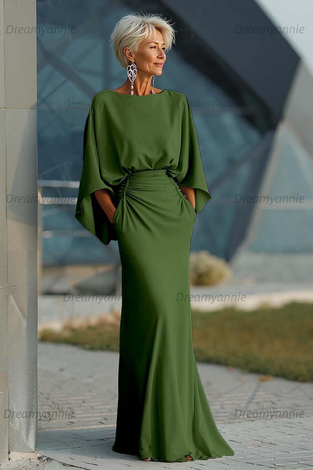 Dreamyannie Elegant Navy Satin Mermaid Backless Long Mother Of The Bride Dress With Pockets