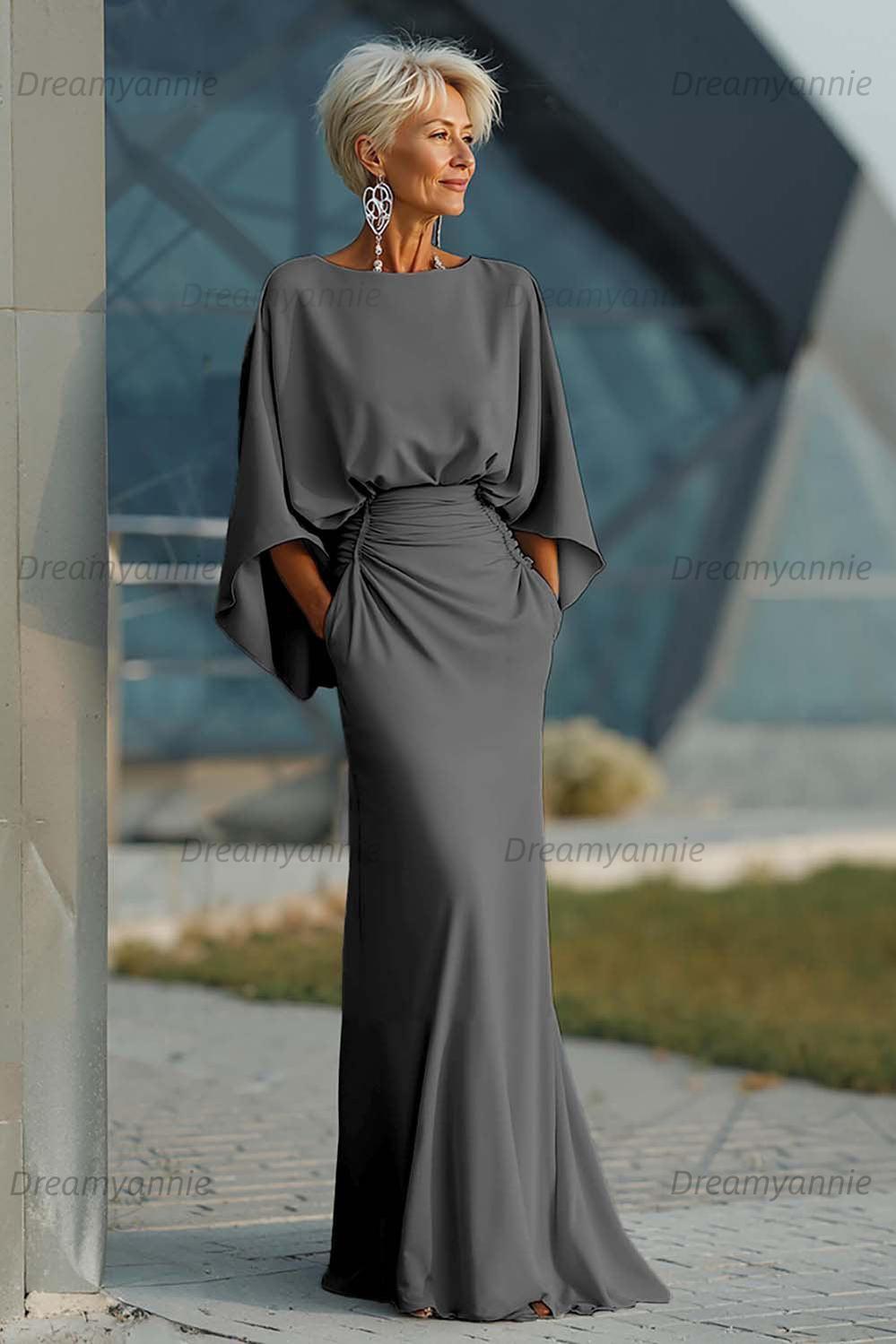 Dreamyannie Elegant Navy Satin Mermaid Backless Long Mother Of The Bride Dress With Pockets