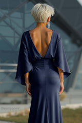 Dreamyannie Elegant Navy Satin Mermaid Backless Long Mother Of The Bride Dress With Pockets
