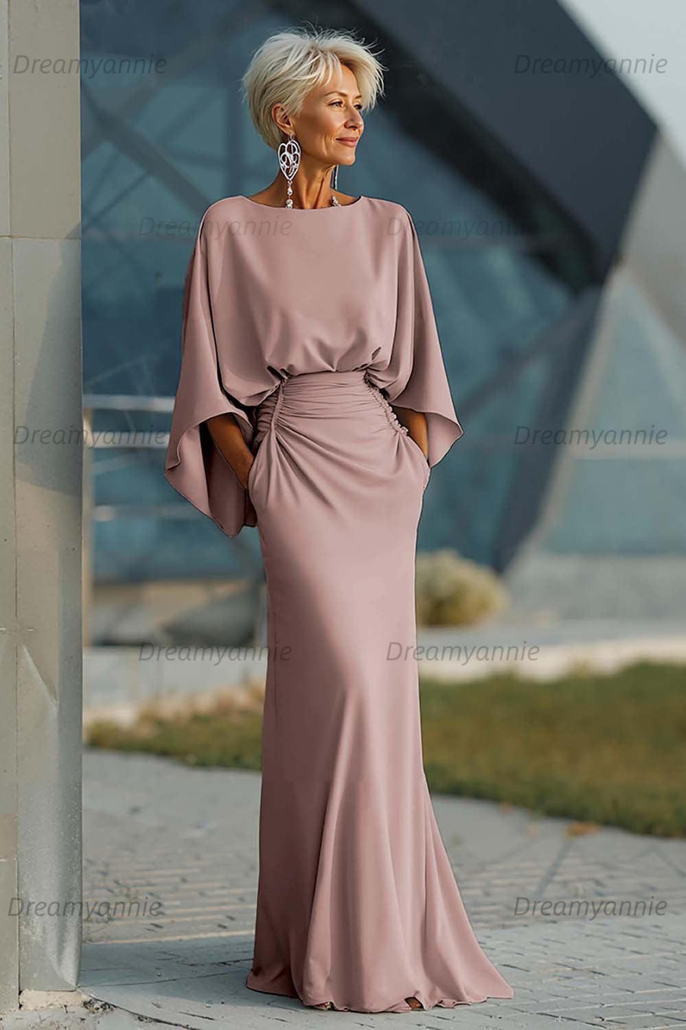 Dreamyannie Elegant Navy Satin Mermaid Backless Long Mother Of The Bride Dress With Pockets