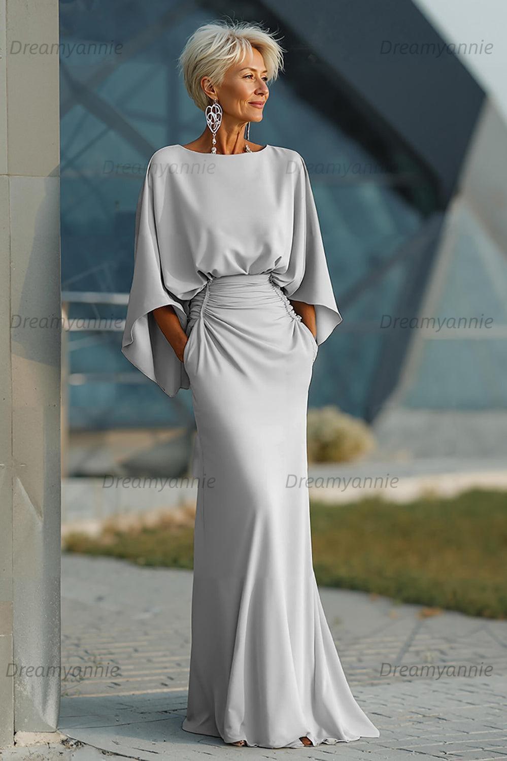 Dreamyannie Elegant Navy Satin Mermaid Backless Long Mother Of The Bride Dress With Pockets