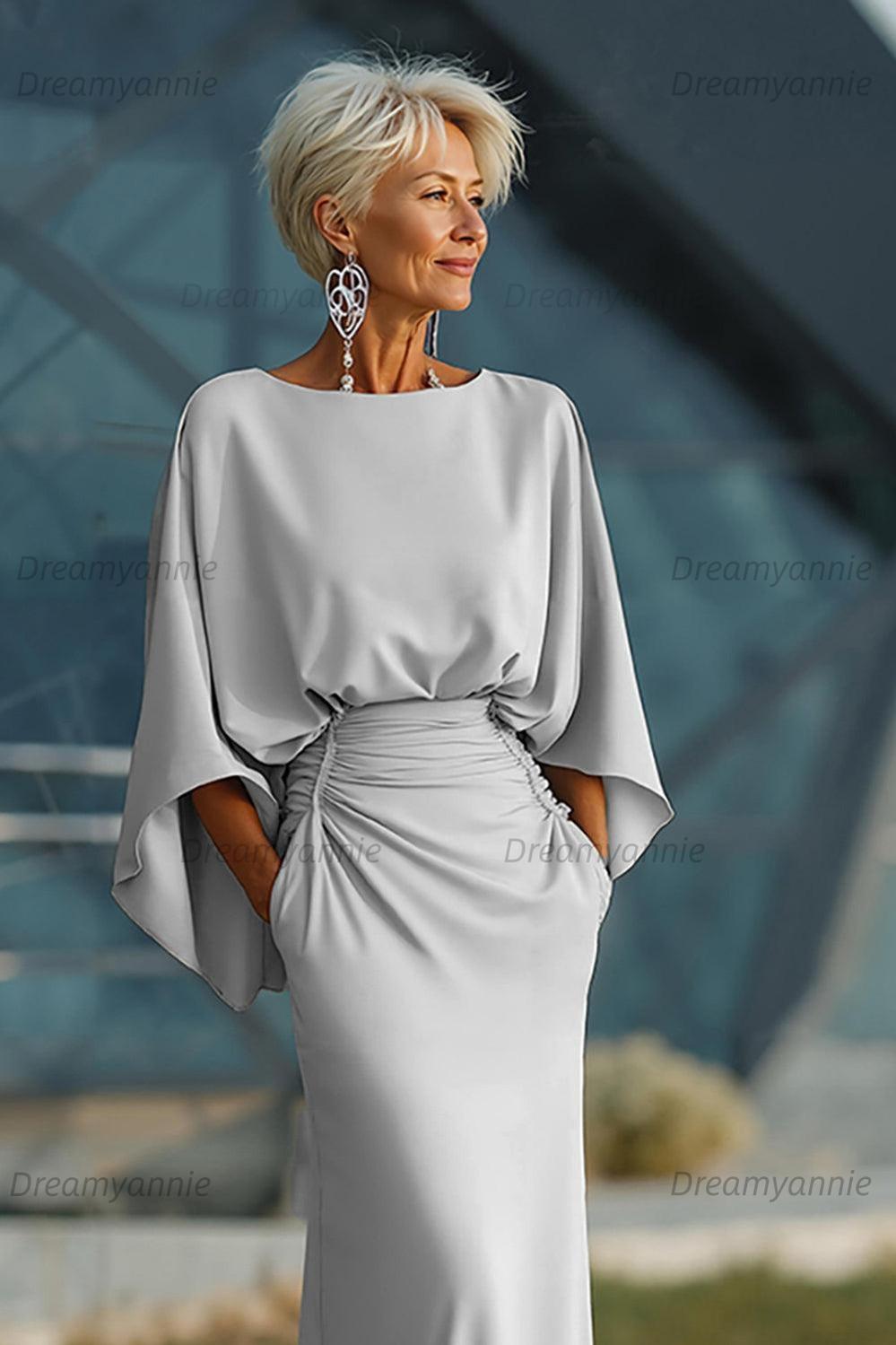 Dreamyannie Elegant Navy Satin Mermaid Backless Long Mother Of The Bride Dress With Pockets
