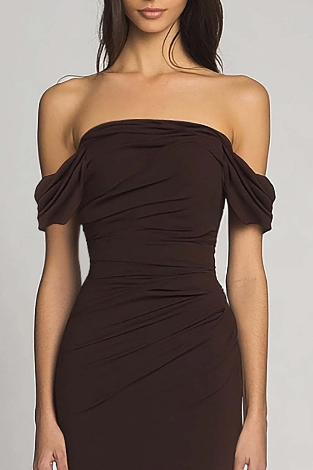 Dreamyannie Elegant Off The Shoulder Dark Brown Sheath Long Formal Dress
