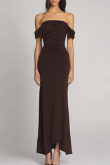 Dreamyannie Elegant Off The Shoulder Dark Brown Sheath Long Formal Dress