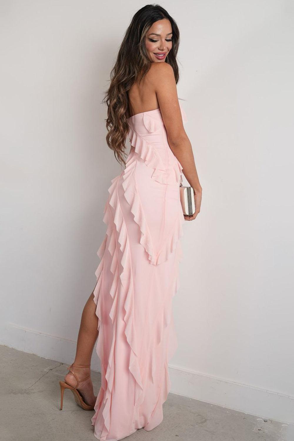 Dreamyannie Elegant Pink Strapless Cascading Ruffle Long Prom Evening Dress Formal Evening Gown