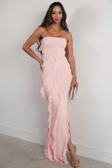 Dreamyannie Elegant Pink Strapless Cascading Ruffle Long Prom Evening Dress Formal Evening Gown