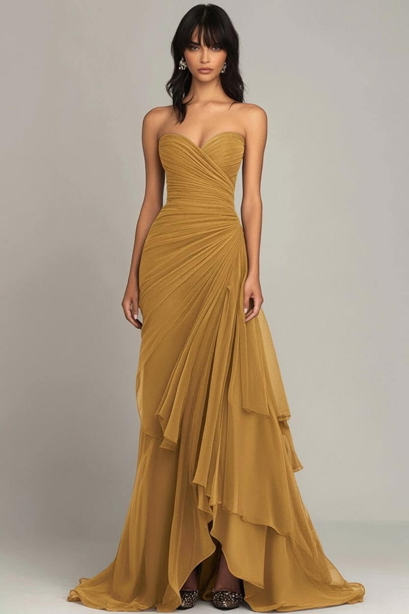 Dreamyannie Elegant Sweetheart Ruched Dark Brown Long Formal Dress With Ruffles