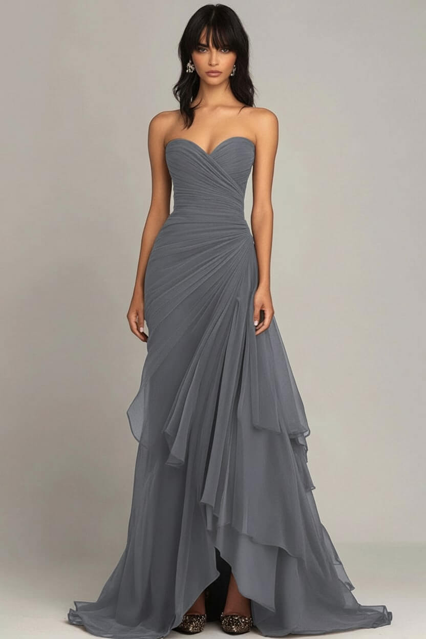 Dreamyannie Elegant Sweetheart Ruched Dark Brown Long Formal Dress With Ruffles